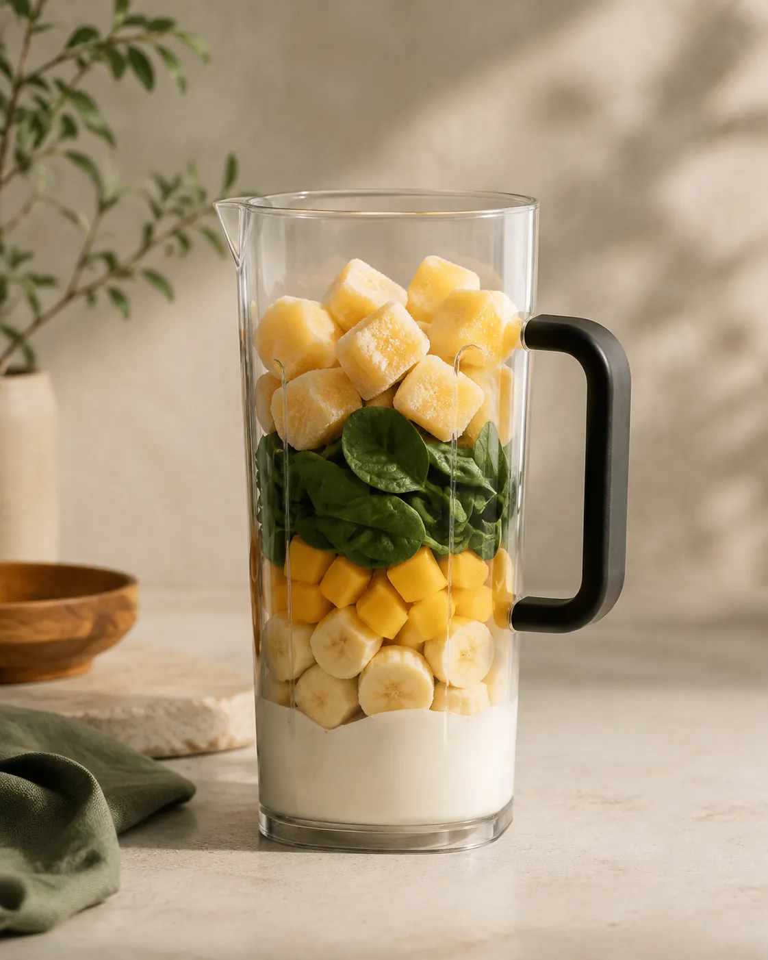 A tall blender jar loaded in visible layers, pale liquid at the base, soft fruit above it and frozen chunks on top