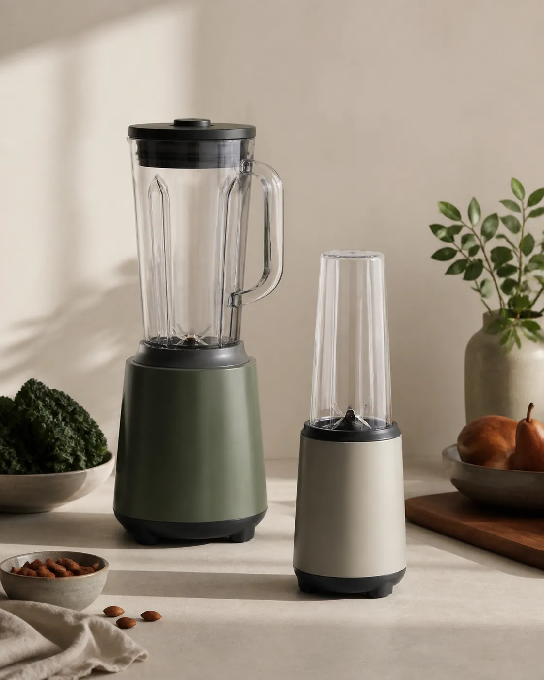 A tall jug blender standing beside a small bullet-style personal blender with its cup inverted on the base