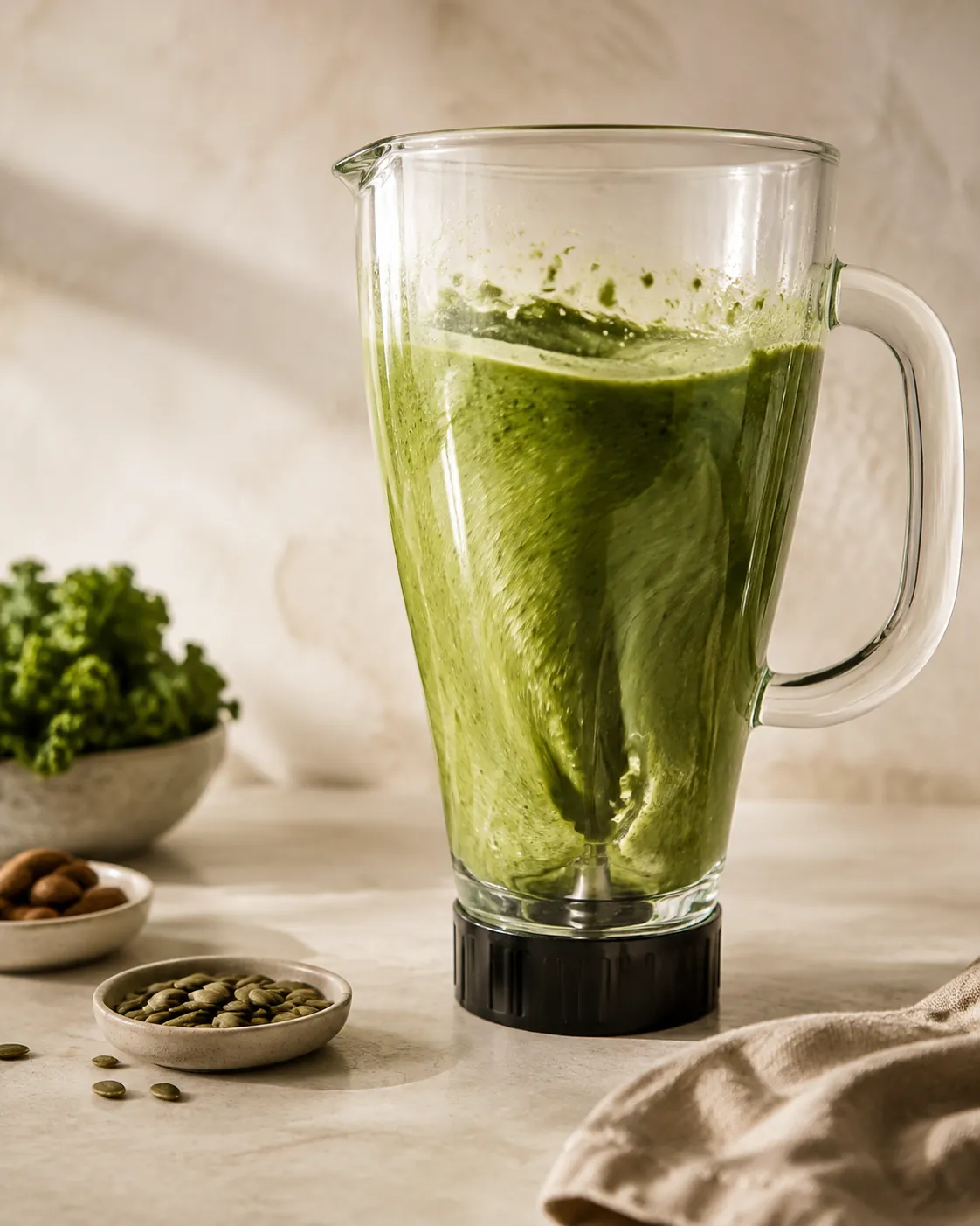 A tall glass blender jar seen from the side with a deep spinning vortex drawing green liquid down towards the blades