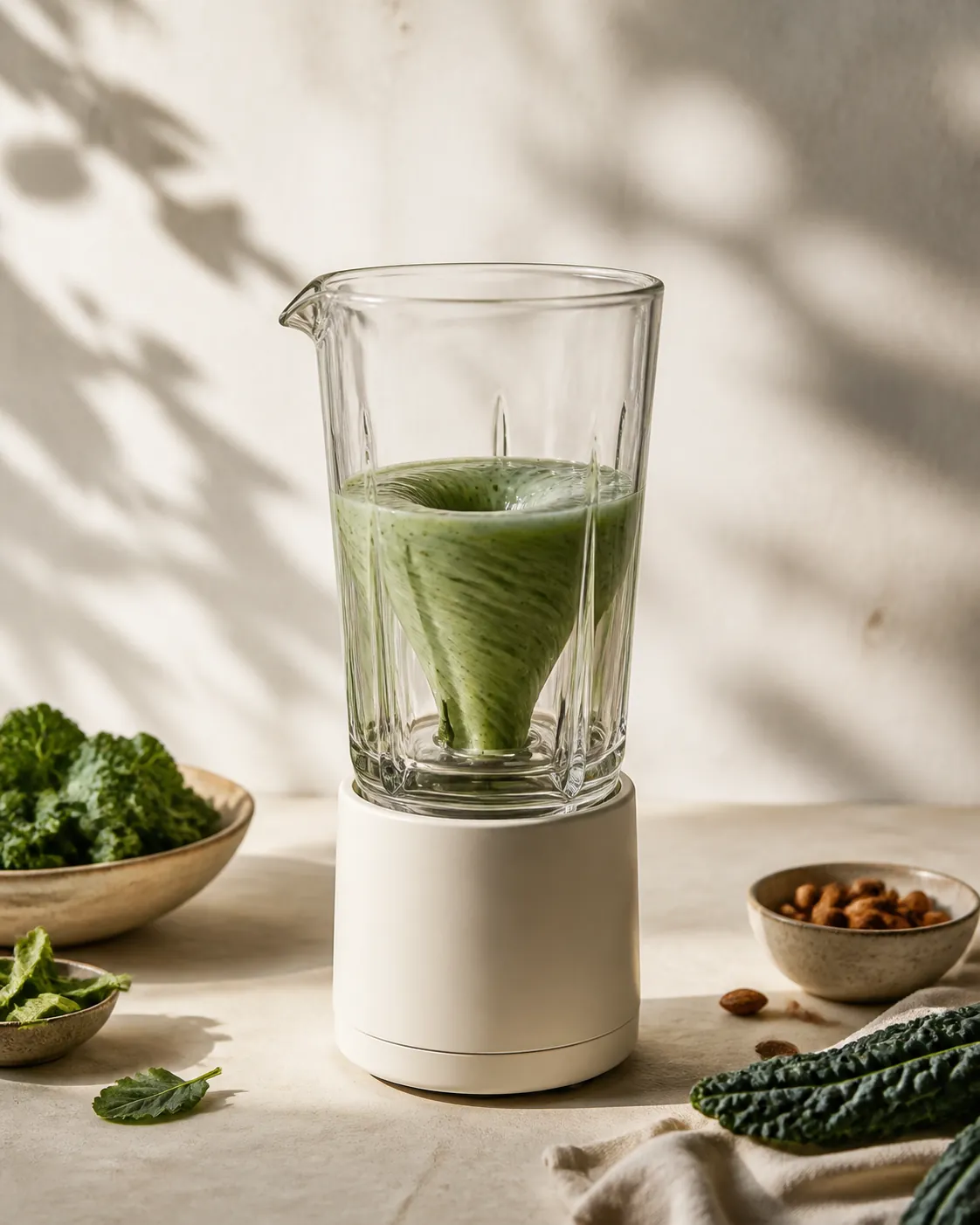 A tall glass blender jar with a deep spinning vortex drawing green liquid down towards the blades