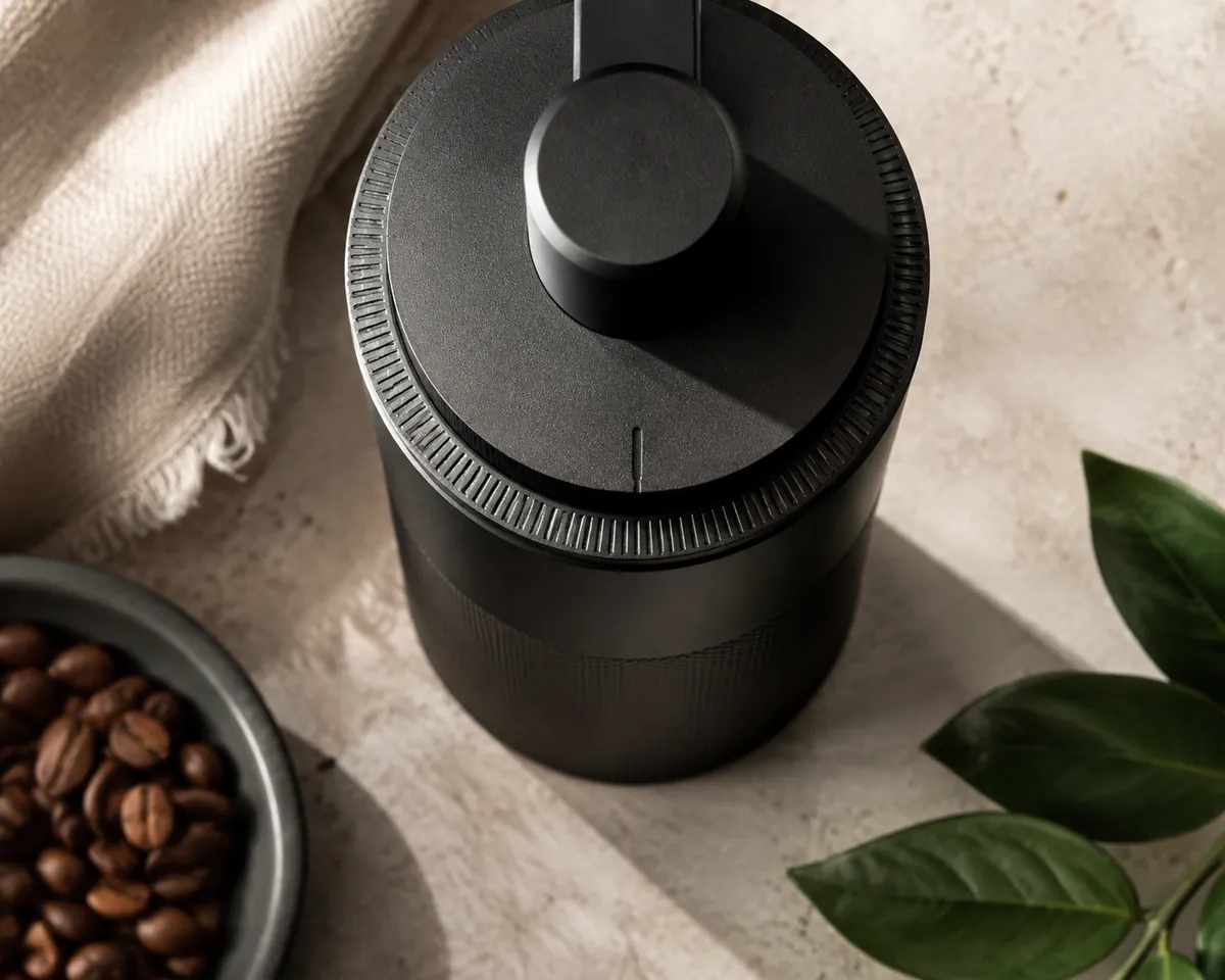 A grinder's knurled metal adjustment collar seen from above, ringed with fine unnumbered notches and a single indicator mark