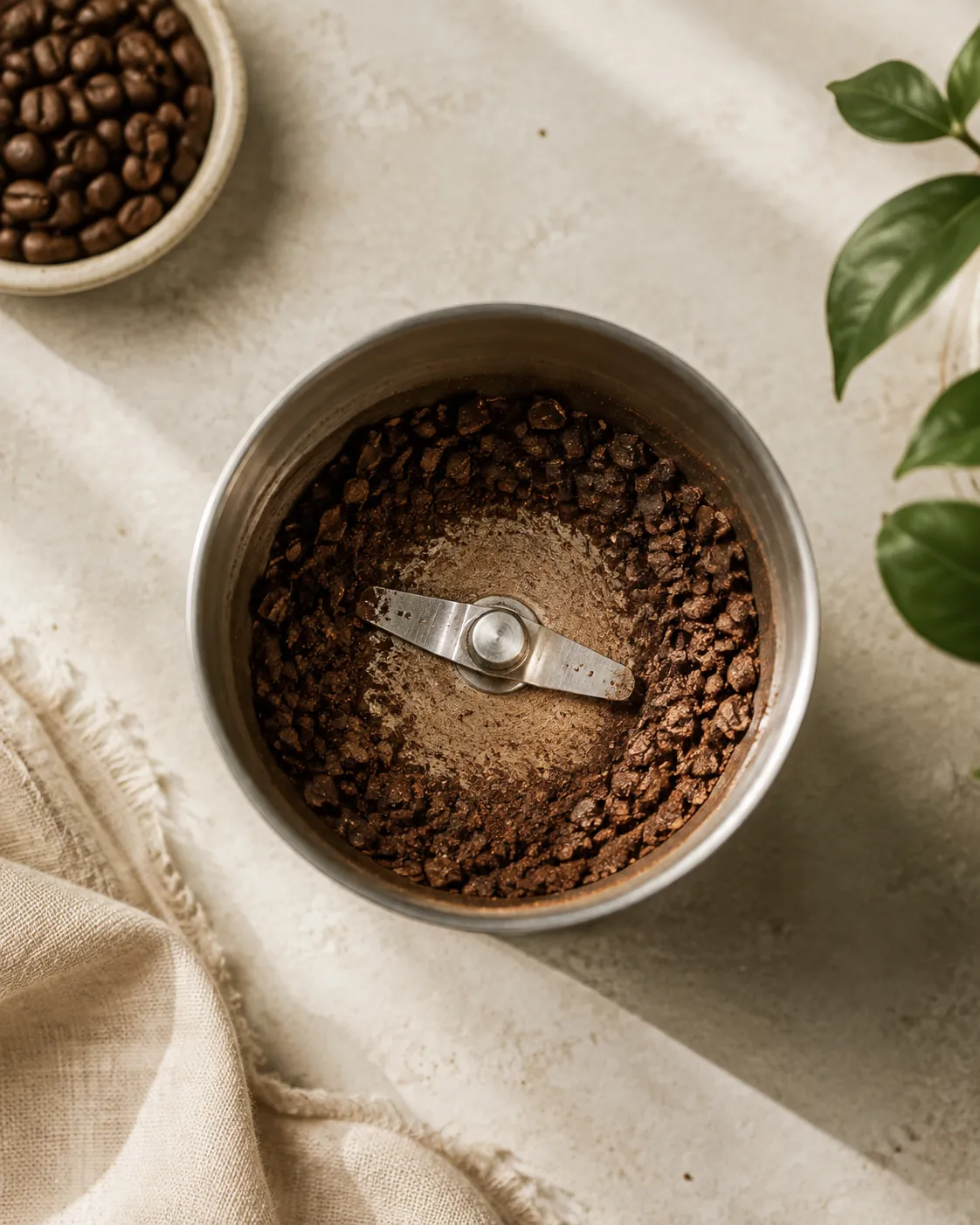The open chamber of a small blade grinder, the two-winged blade surrounded by coffee that is part fine dust and part broken chunks