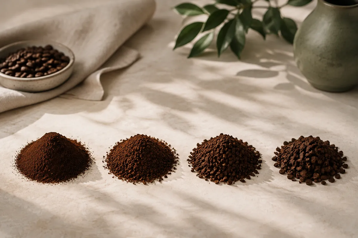 Four small heaps of ground coffee on a pale surface, from very fine powder on the left through medium to coarse on the right