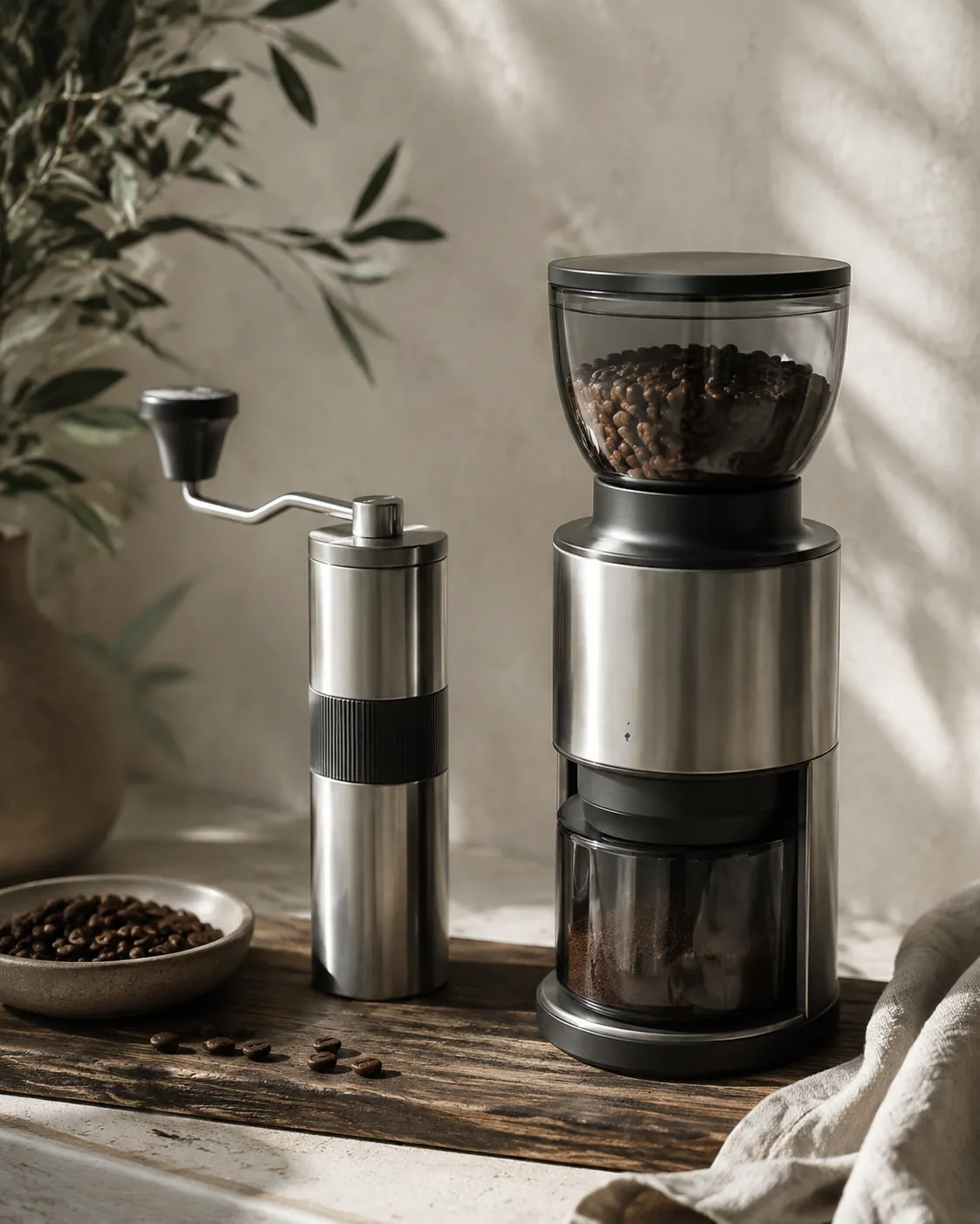 A hand grinder standing beside an electric one, both plain and unbranded