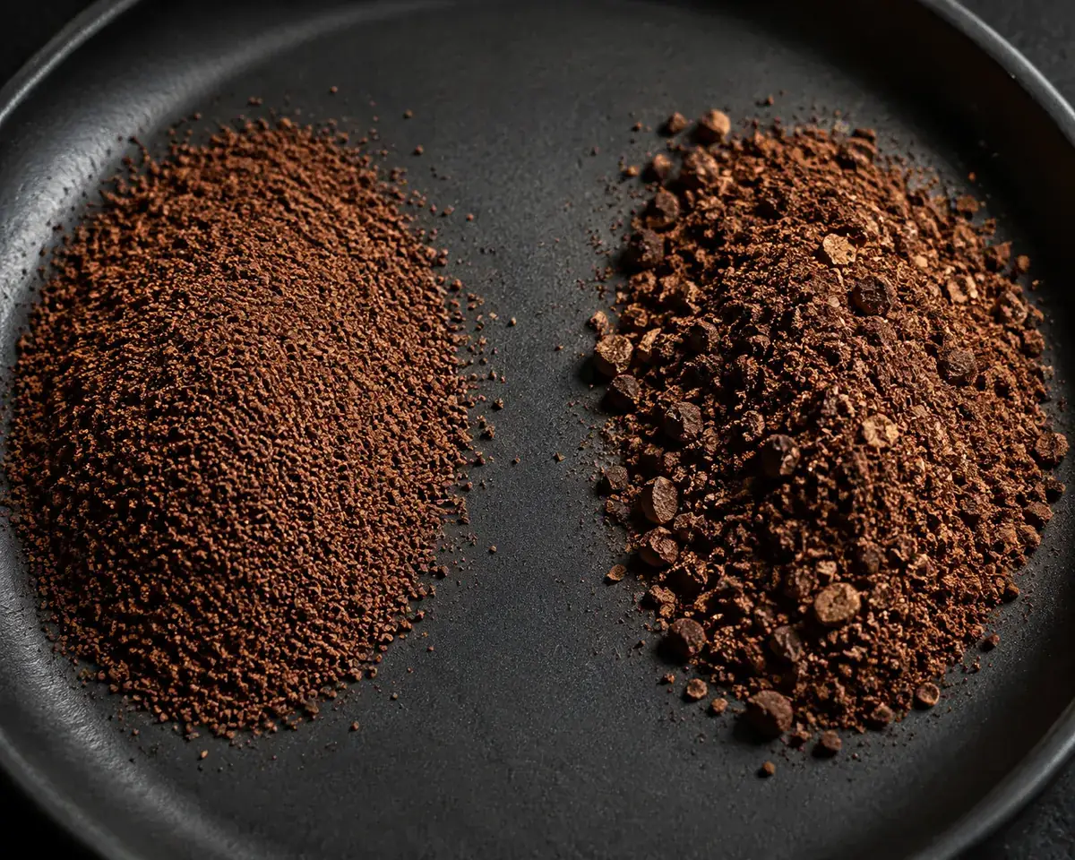 Two piles of ground coffee on a dark dish, the left uniform in size and the right visibly mixed with fine dust and large chunks