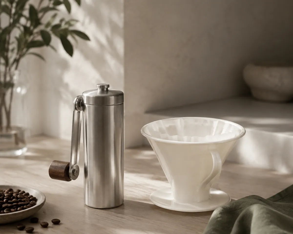 A plain hand grinder standing beside a simple plastic pour-over cone with a folded paper filter in it