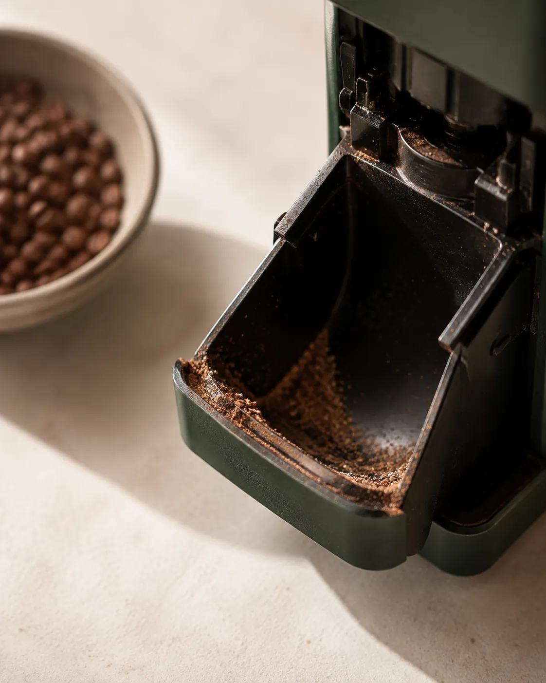 An opened grinder chute with stale grounds caught in the corners