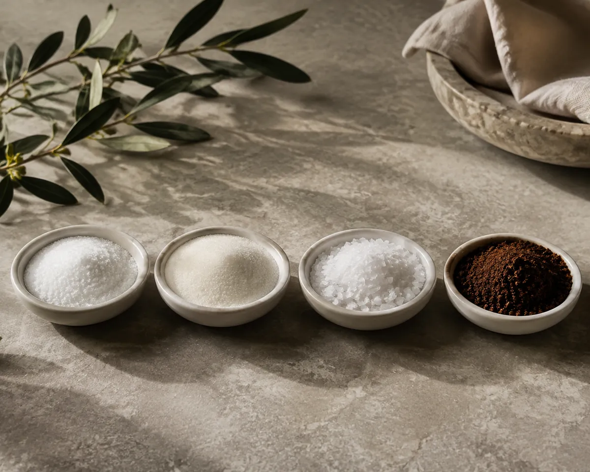 Four small white dishes in a row holding table salt, caster sugar, coarse sea salt and ground coffee for comparison of texture