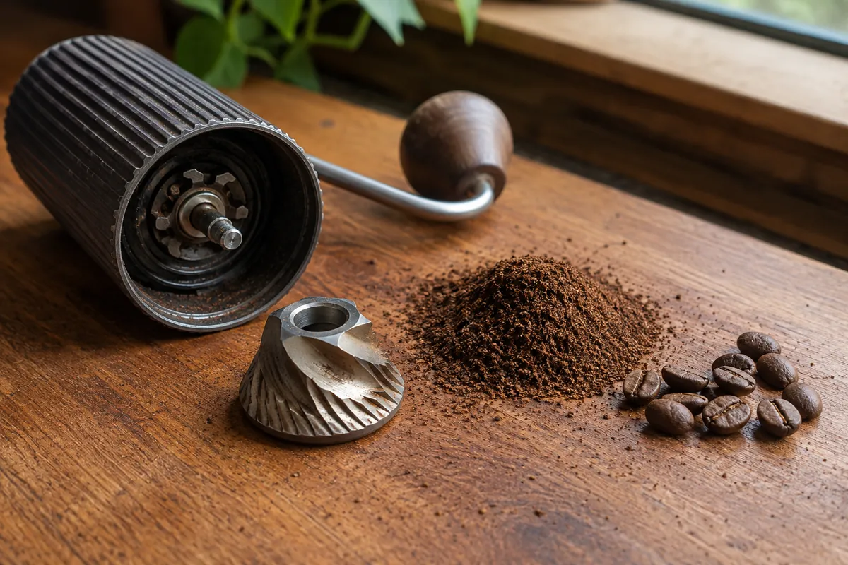 A hand burr grinder disassembled beside a small pile of evenly ground coffee