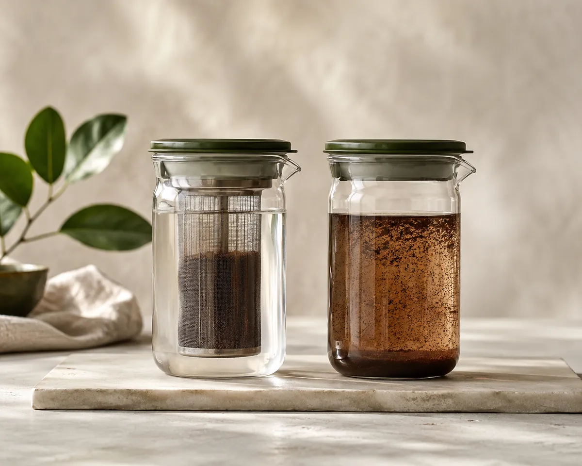 Two glass jars side by side, one with grounds packed in a narrow mesh basket and one with grounds loose throughout the water