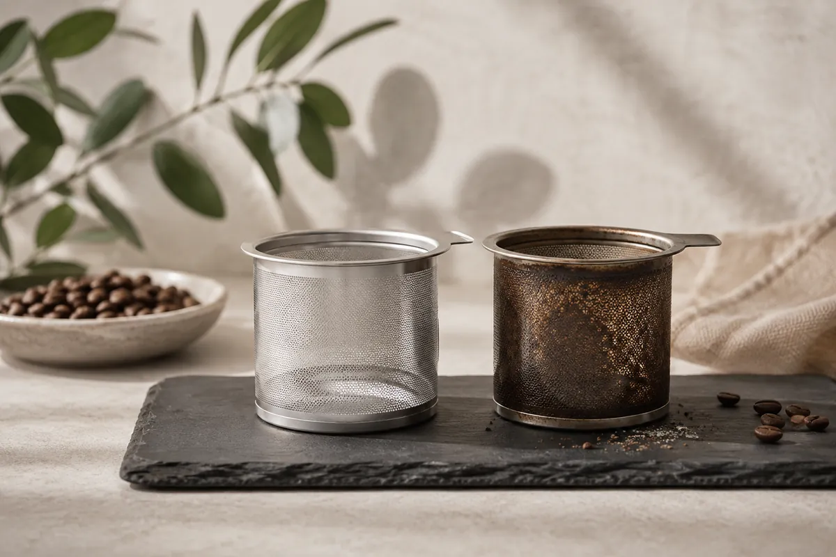 Two steel mesh filter cylinders side by side, the left one bright and clean and the right one darkened with a set film of coffee oil