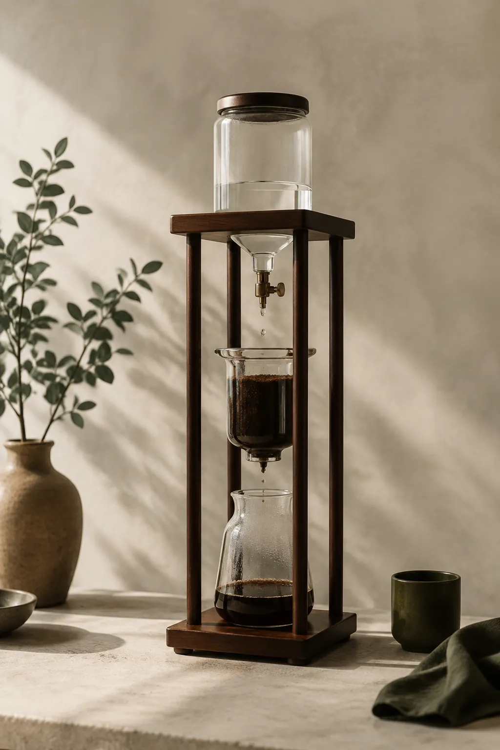 A tall glass drip tower on a wooden stand, a single drop falling from the valve onto a bed of dark grounds below