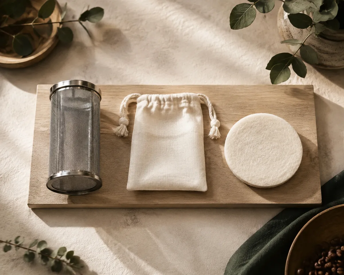 A steel mesh filter cylinder, a cotton drawstring bag and a thick felt filter pad laid out in a row on a pale board
