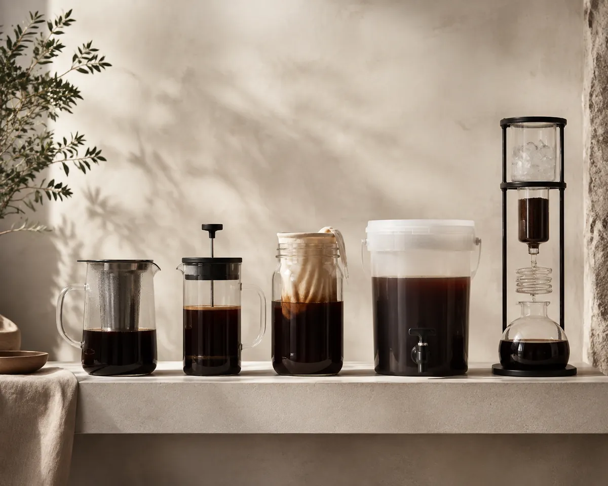 Five cold brew vessels arranged in a row: a mesh-basket pitcher, a plunger jug, a jar with a fabric bag, a lidded bucket with a tap and a tall glass drip tower