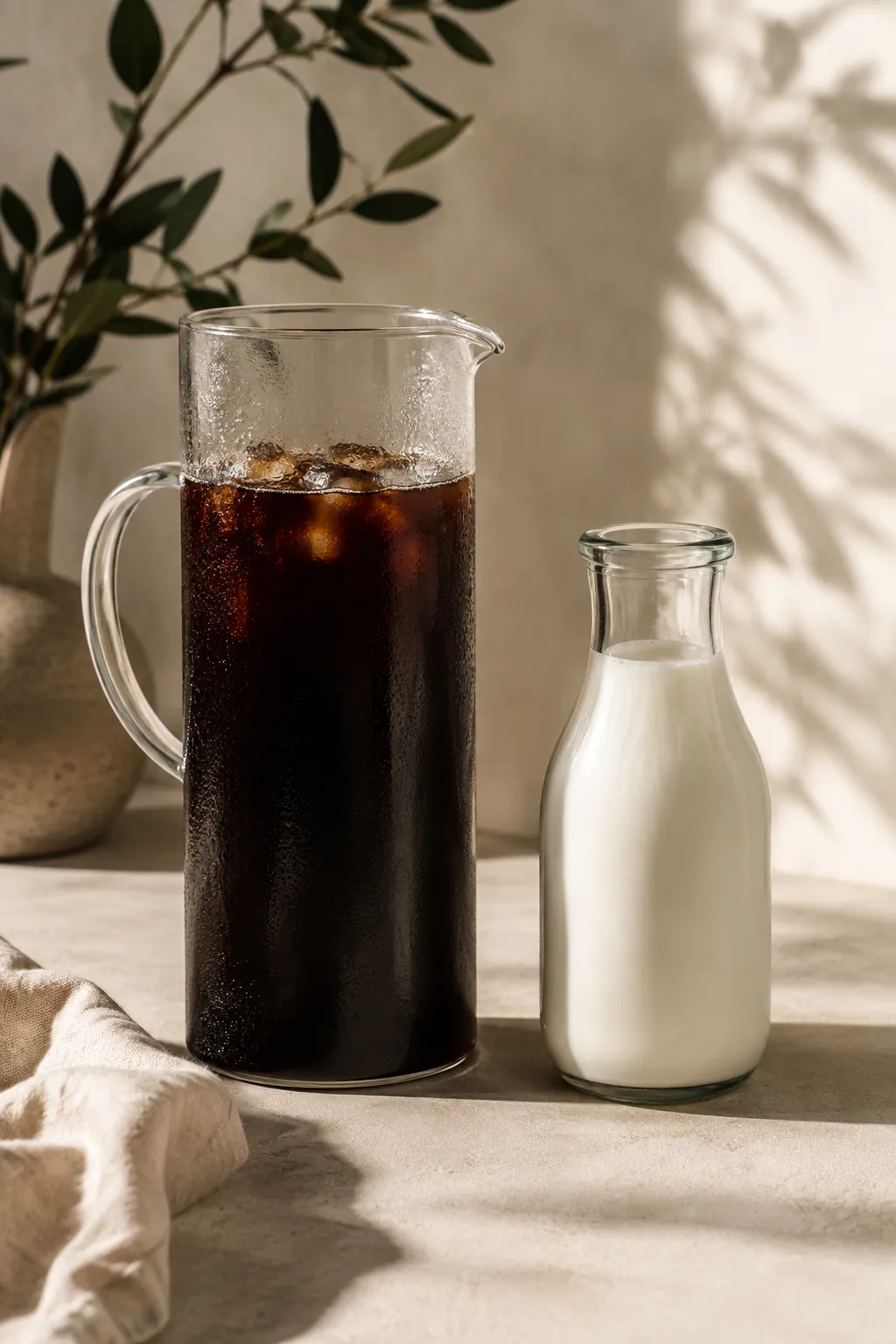 A glass cold brew pitcher standing on a fridge shelf beside a bottle of milk, the coffee dark through the glass
