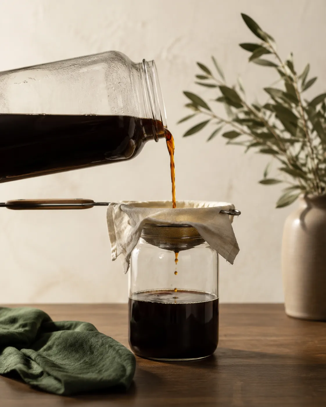 A large glass jar of dark cold brew being poured through a cloth-lined sieve into a second jar on a wooden worktop