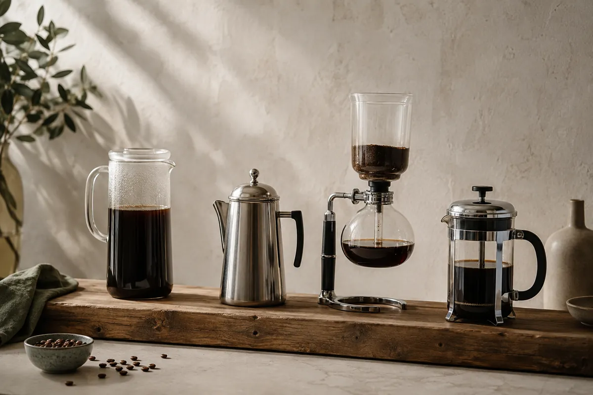 A cold brew pitcher standing beside a stovetop percolator, a glass siphon brewer and a plunger jug on a long wooden bench