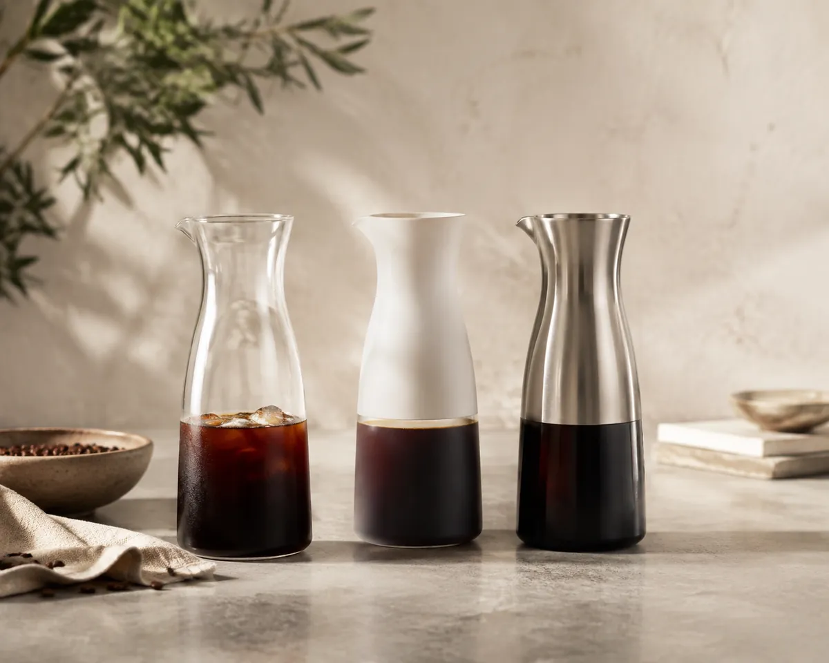 A glass cold brew jug, an opaque plastic one and a stainless steel one standing together on a stone worktop