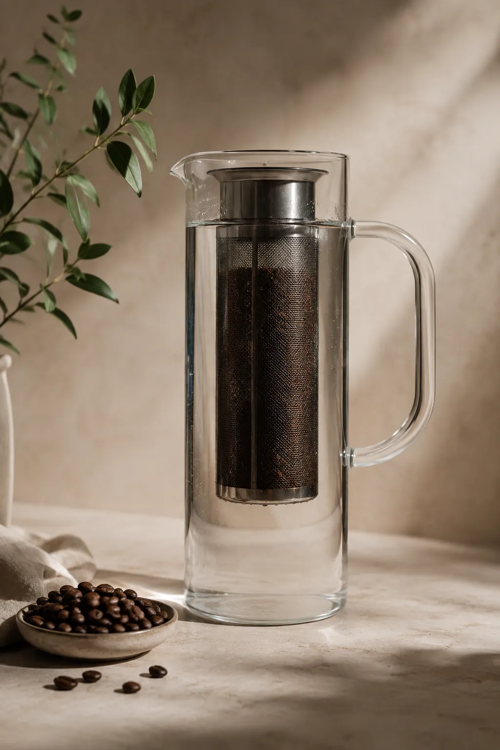A tall glass cold brew pitcher with a cylindrical steel mesh basket lowered inside it, dark grounds visible through the mesh