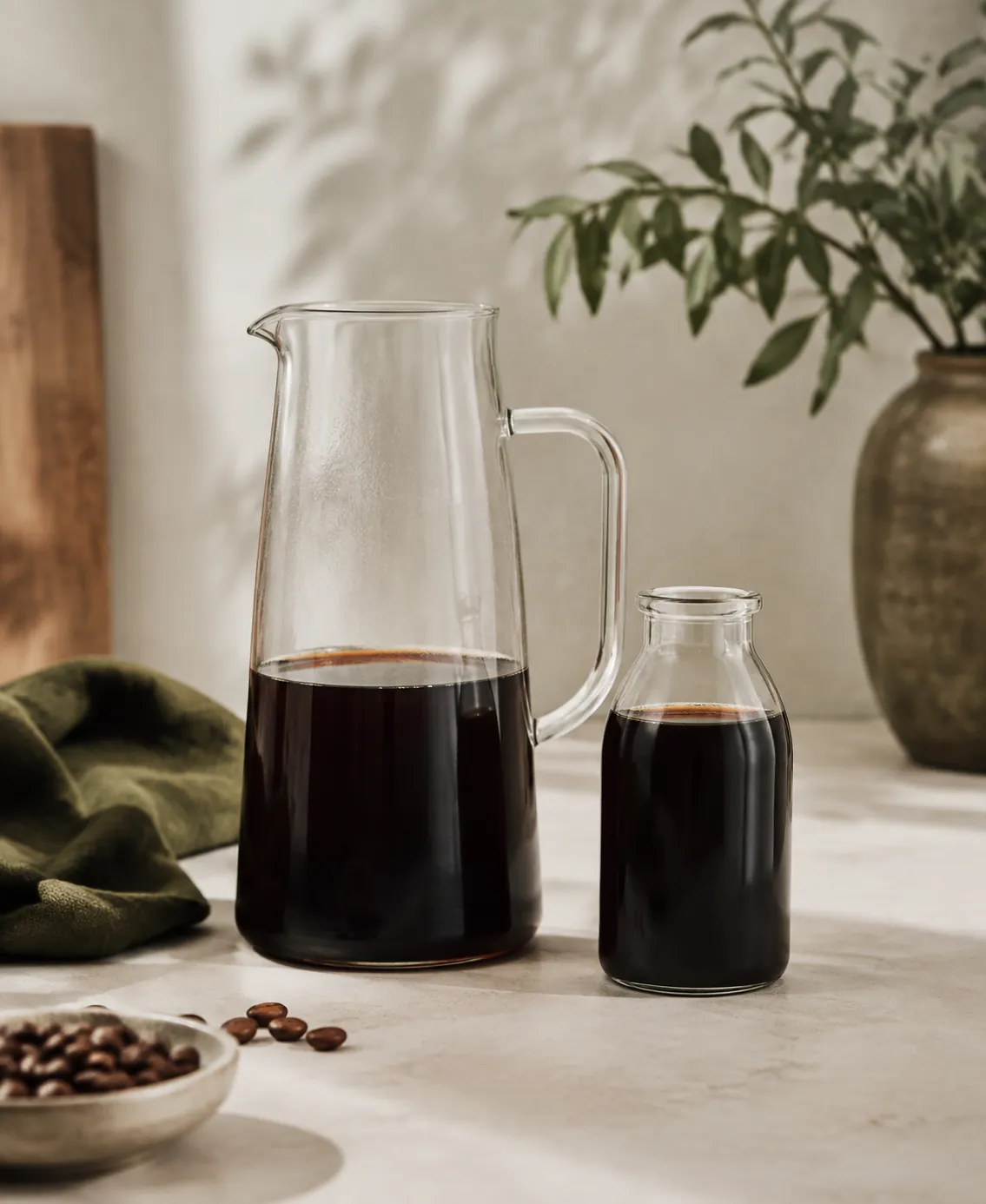 A one litre glass brewing jug beside the smaller bottle of finished coffee it produced, the difference in level clearly visible