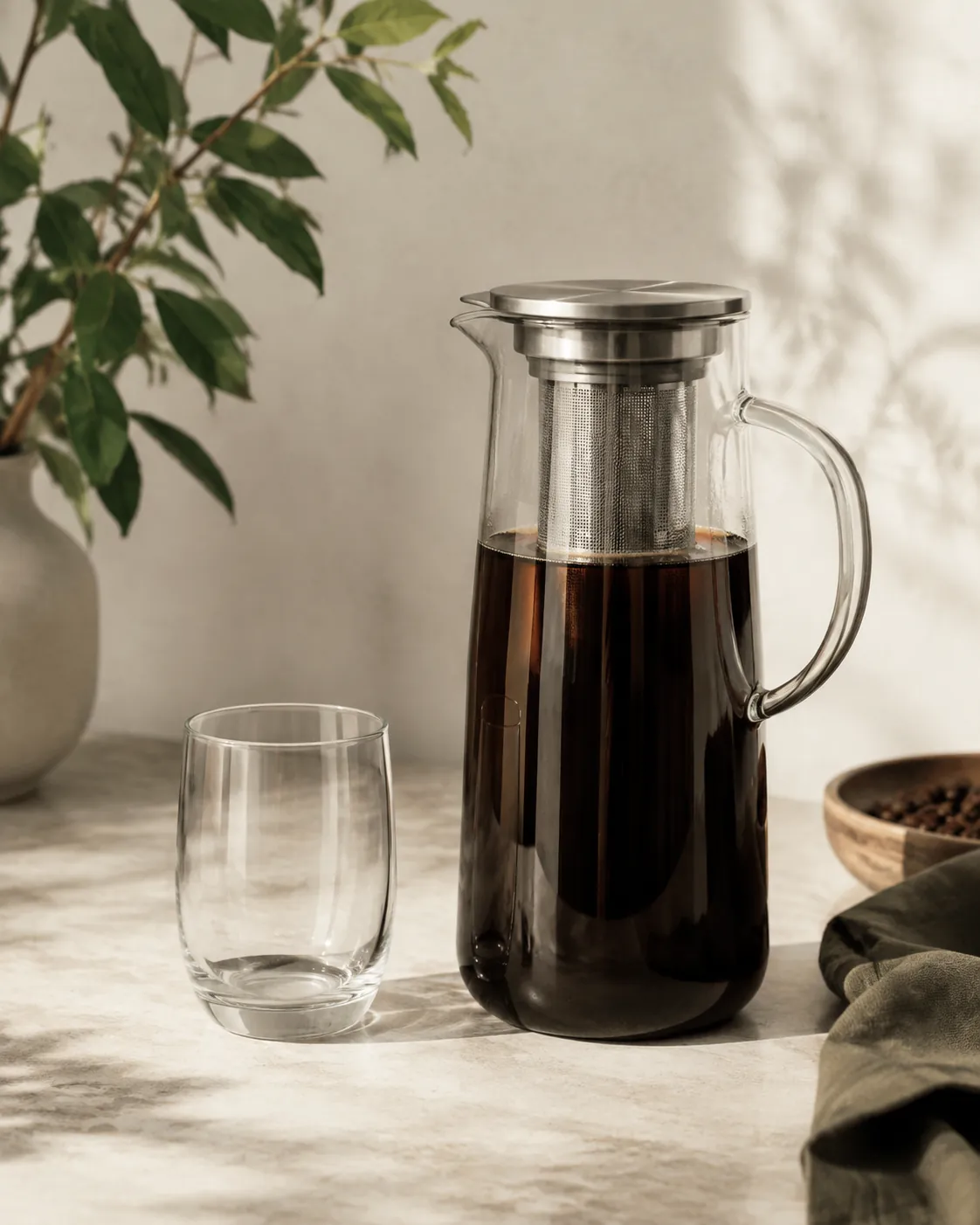 A tall glass cold brew pitcher with a steel mesh filter basket inside it, standing on a worktop