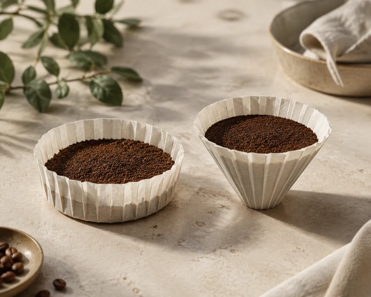 A flat-bottom paper filter basket and a cone-shaped one side by side, each holding a levelled bed of dry ground coffee