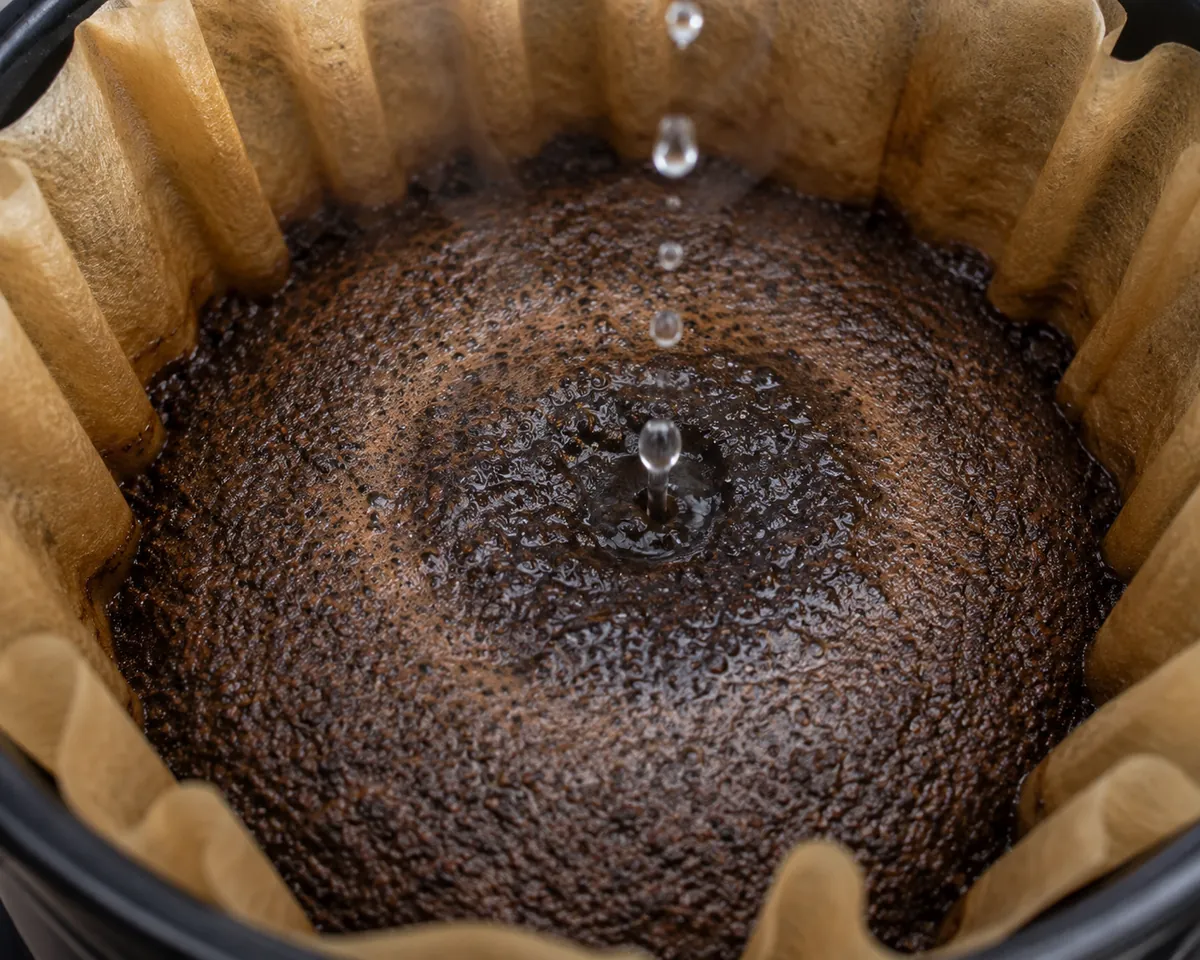 Looking into a flat-bottom paper filter of wet coffee grounds with water droplets falling and a darker saturated ring spreading outward