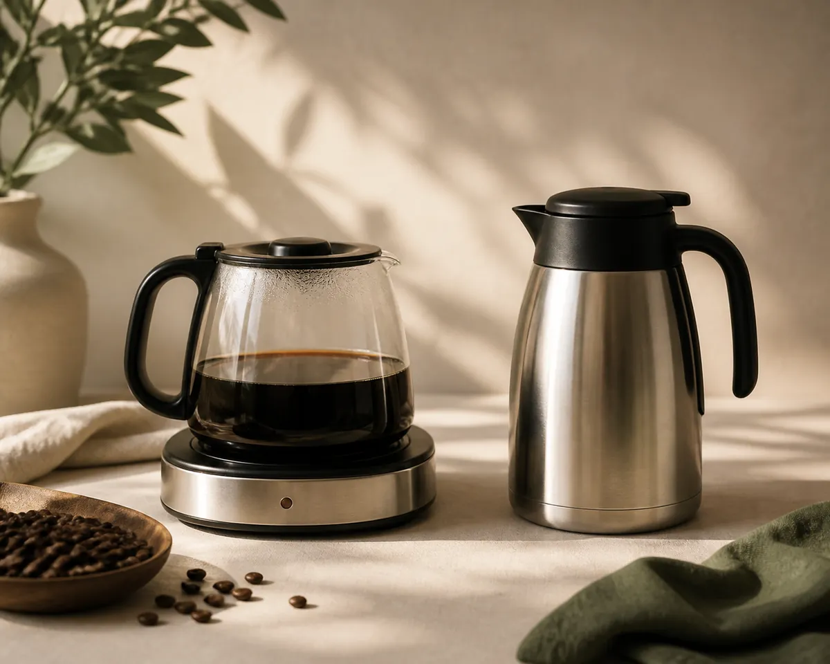 A glass coffee carafe on a warming plate beside a brushed steel insulated carafe, standing side by side