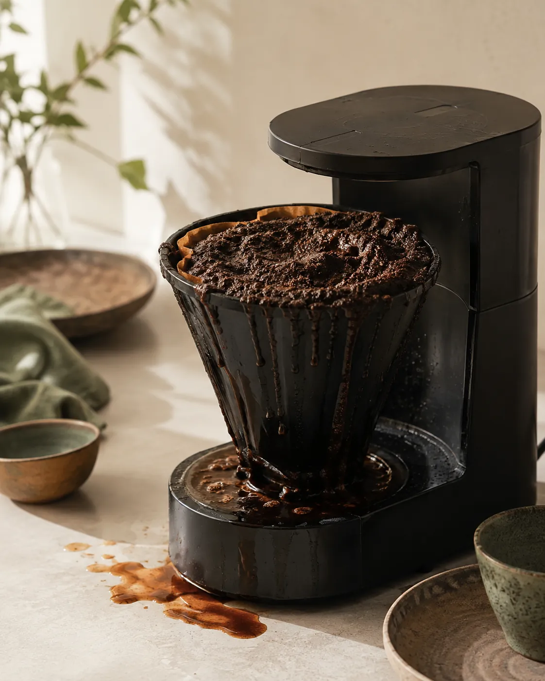 An overflowing filter basket with wet coffee grounds and liquid spilling over its rim onto the machine below