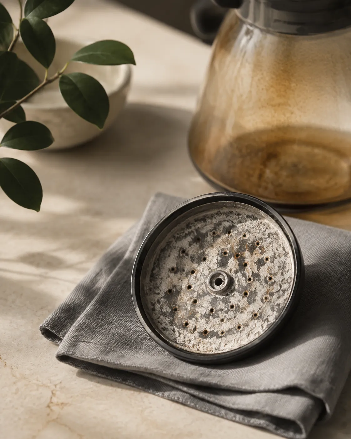 A drip machine shower head plate lying face up with chalky white scale crusted around its holes, beside a glass carafe with a brown film inside