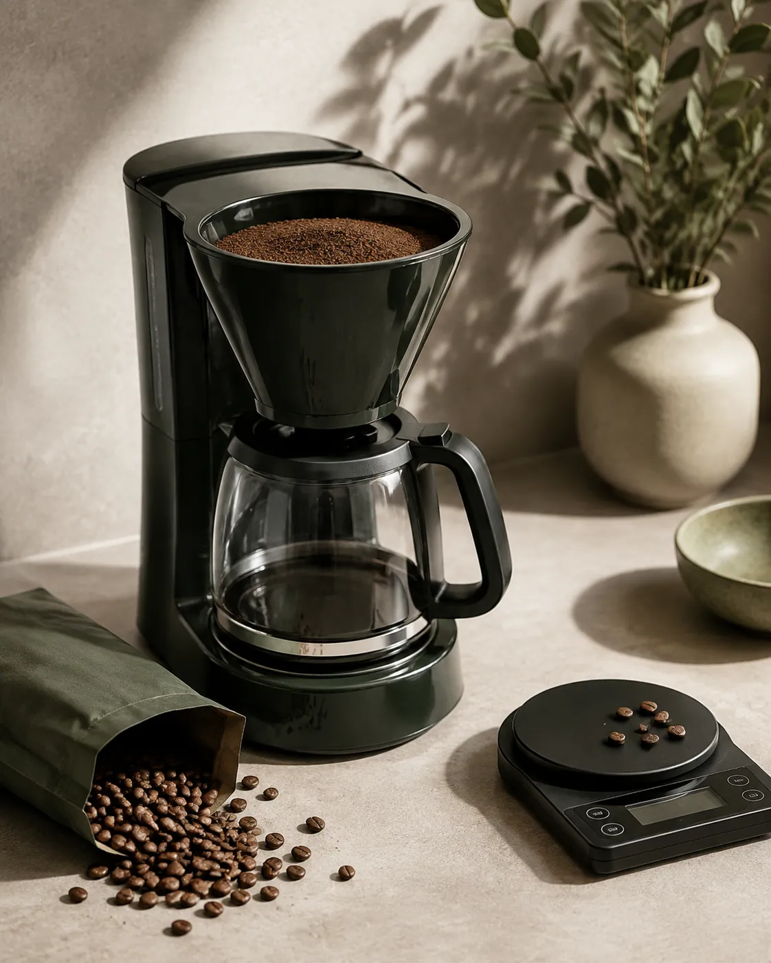 A drip machine with a filled filter basket, a scale and a bag of beans beside it