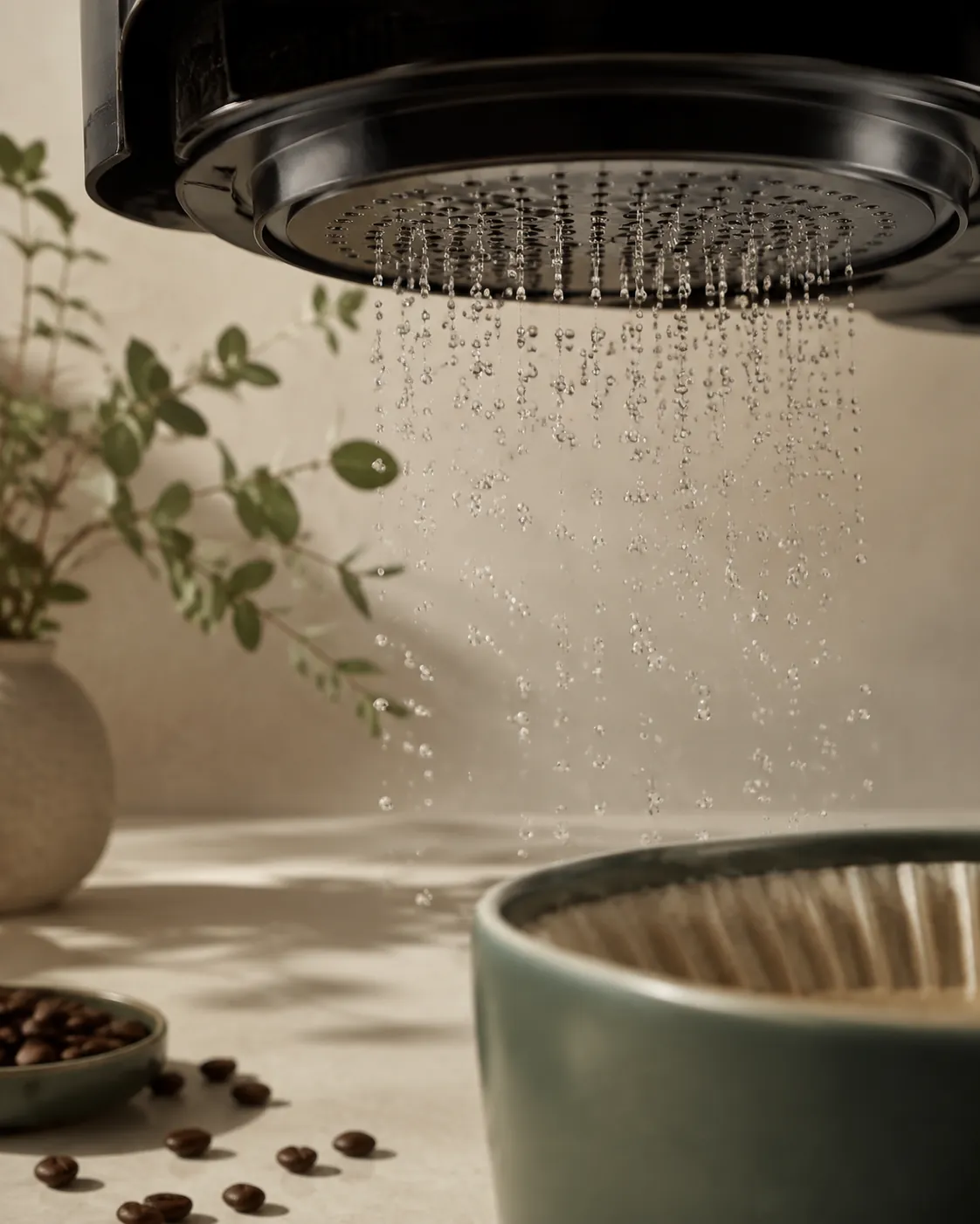 The underside of a drip coffee maker shower head, its many small holes beginning to release an even spray of water
