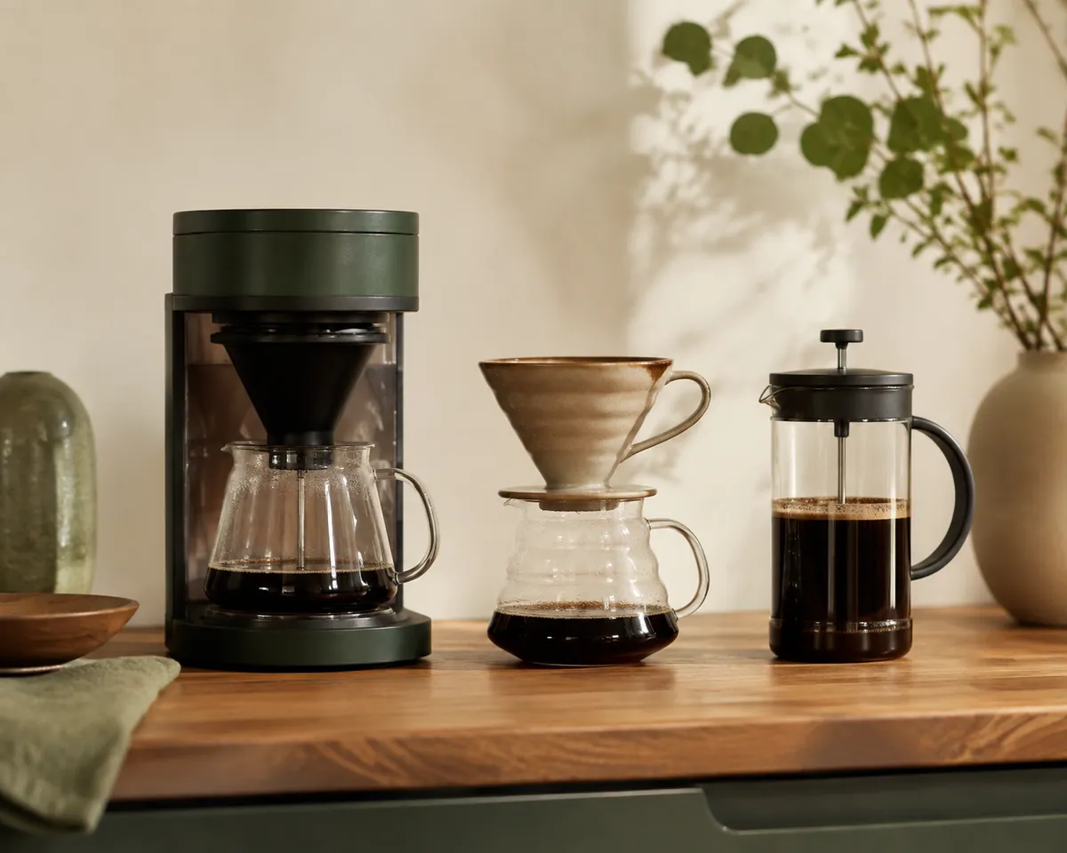 A drip coffee maker, a pour-over cone sitting on a glass carafe and a french press lined up along a kitchen counter