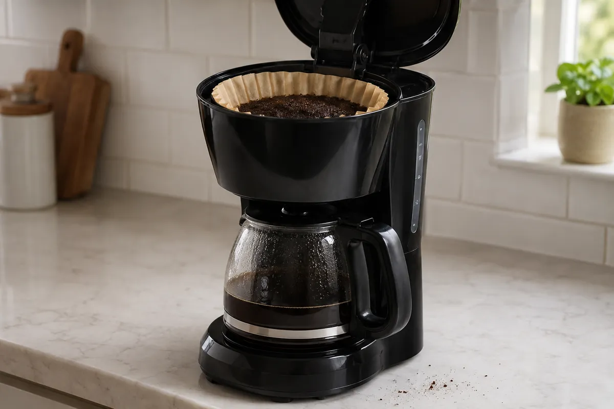 A drip coffee maker with a glass carafe and a flat-bottom paper filter