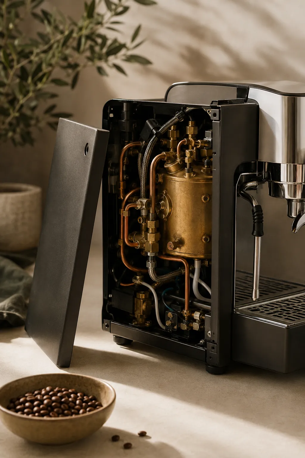 The open side of an espresso machine showing a brass boiler and copper pipework inside