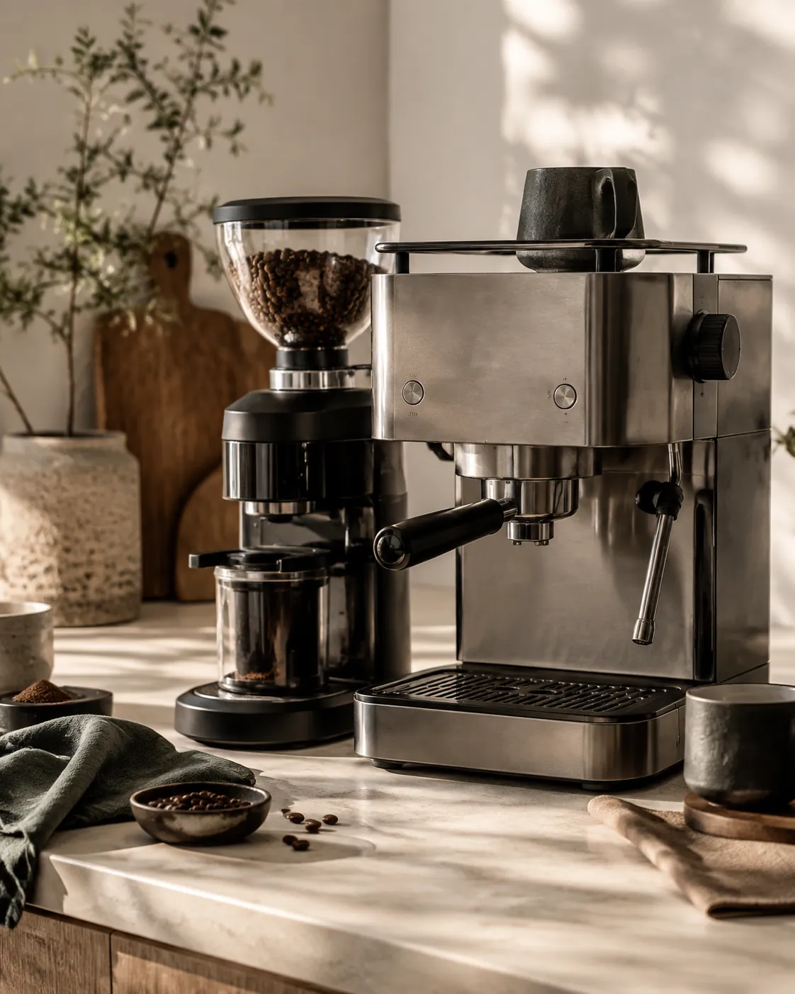 An espresso machine and grinder taking up a large section of kitchen counter
