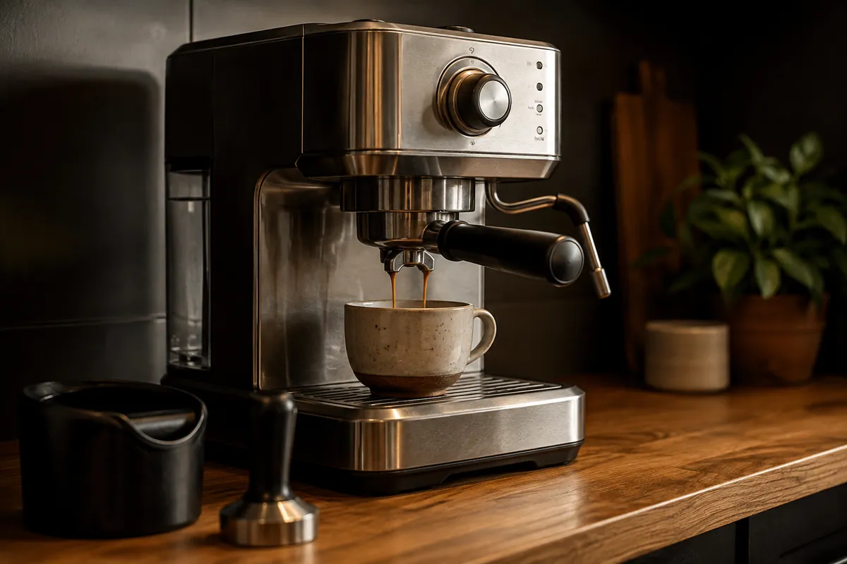 A domestic espresso machine on a kitchen counter with a portafilter resting beside a small cup and a tamper