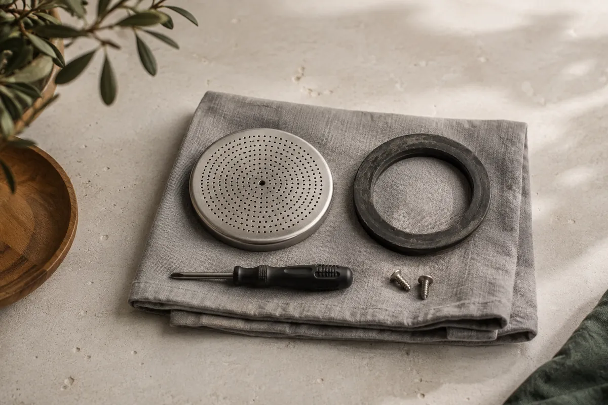 A shower screen and a worn rubber group gasket laid on a cloth beside a screwdriver