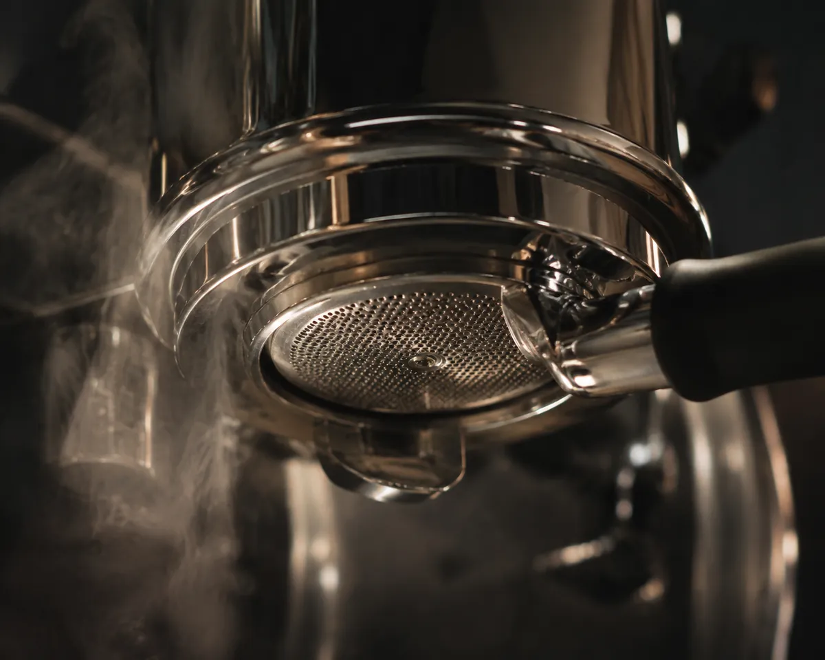 A chrome espresso machine group head seen from below and to the side, showing the shower screen and a locked portafilter