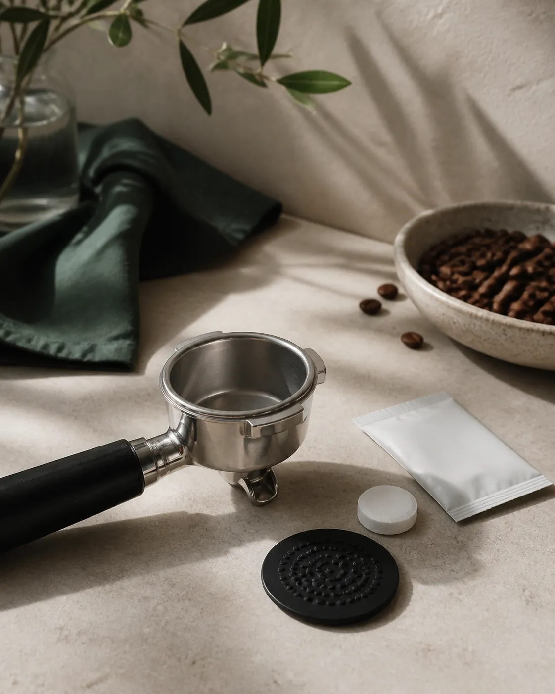 A backflush disc, a cleaning tablet and a descaling sachet laid beside a portafilter