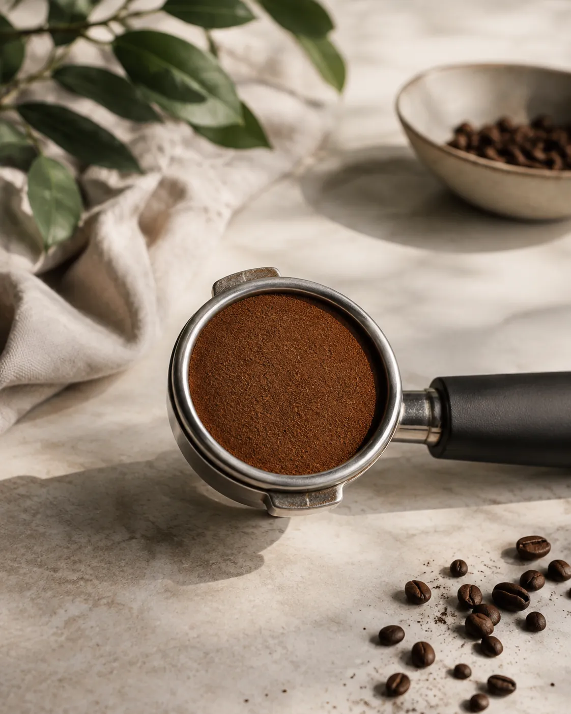 A portafilter resting on its side showing a level, evenly tamped bed of ground coffee in a polished steel basket