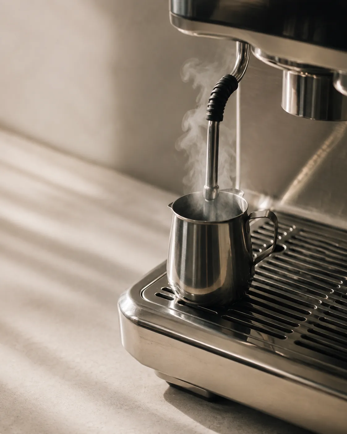A stainless milk jug standing under a steam wand with steam curling from the tip