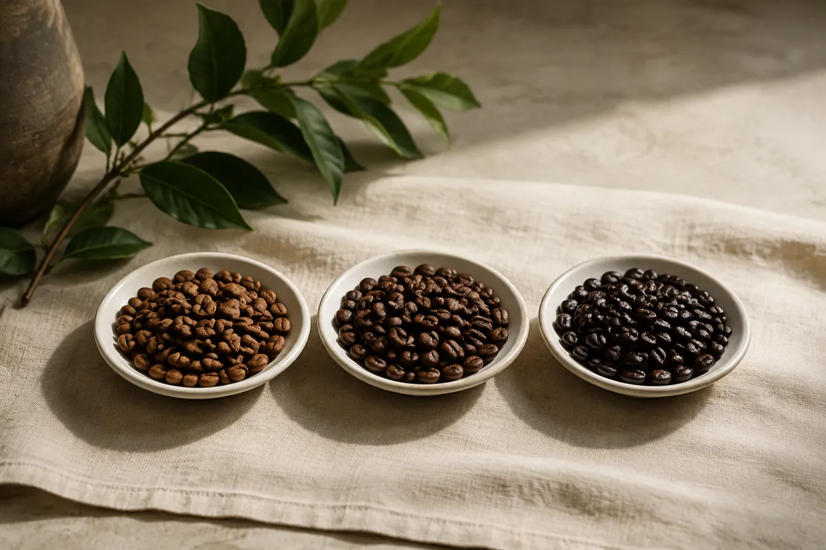 Three small dishes of whole roasted coffee beans in a row on a linen cloth, running from mid brown to dark and oily