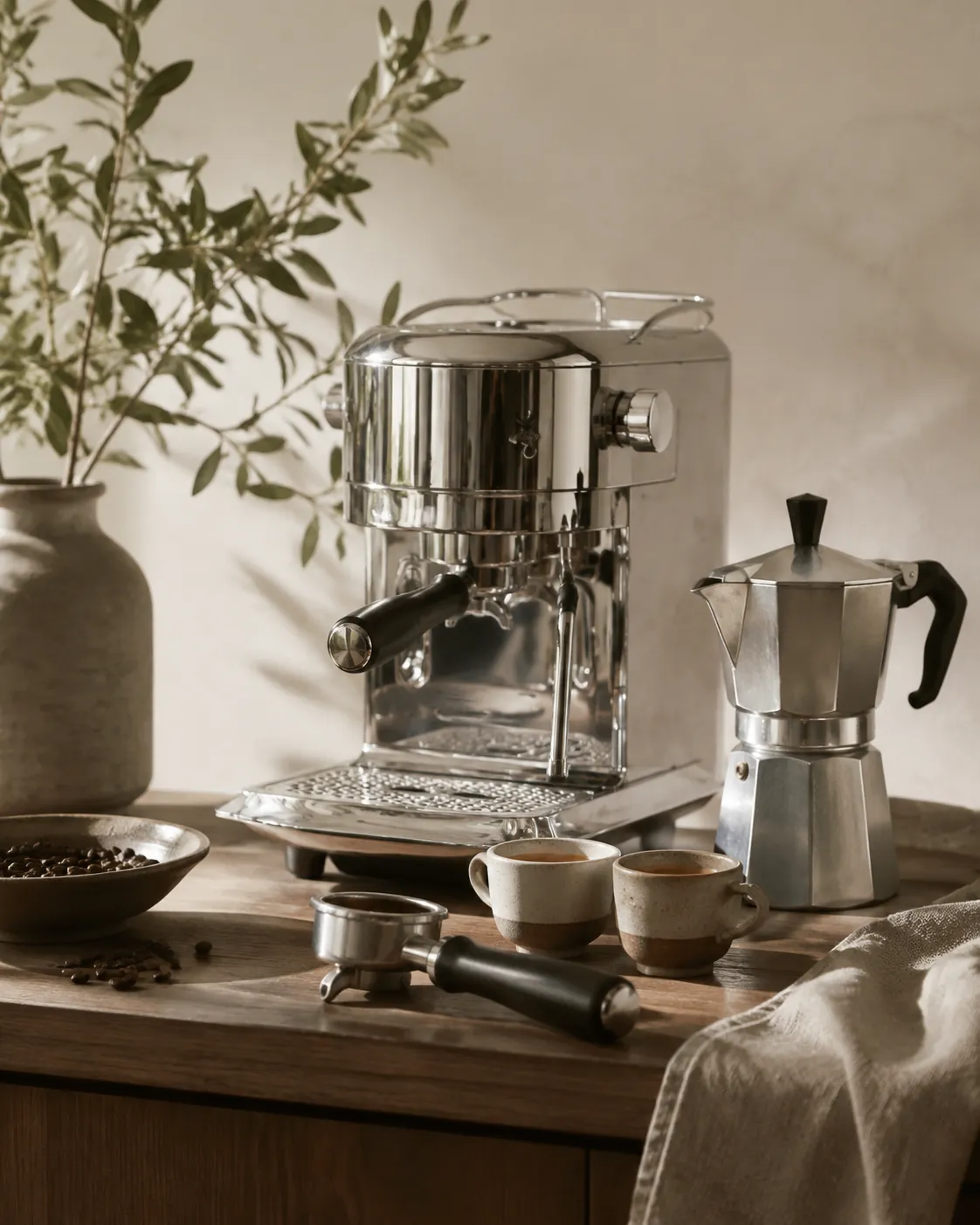 A domestic espresso machine standing on a counter beside a small aluminium stovetop pot, with a portafilter and two cups in front of them
