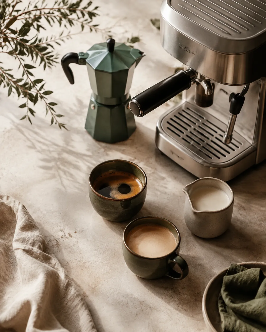 An espresso machine with a portafilter and a small stovetop pot standing together on a counter beside two cups and a jug of milk