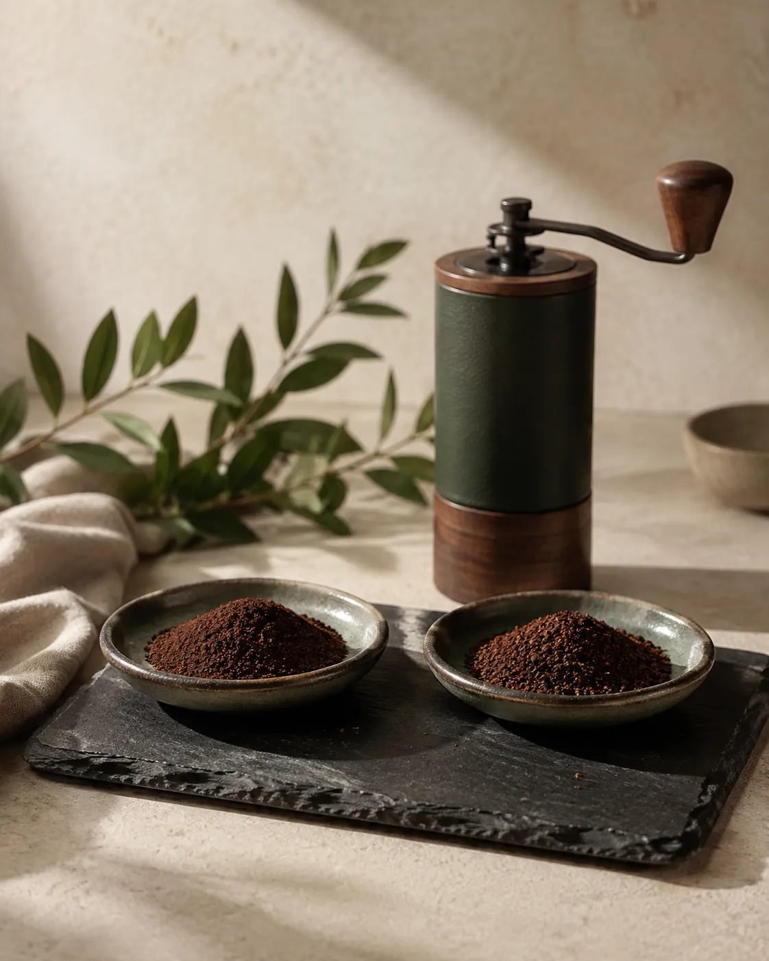 Two small dishes of ground coffee on slate, the left almost powdery and the right slightly more granular, with a hand grinder behind them
