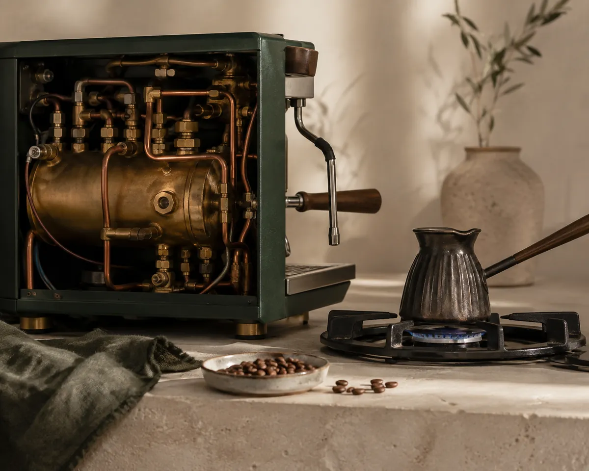 The open side of an espresso machine showing a brass boiler and copper pipework, beside a stovetop pot standing on a lit gas ring
