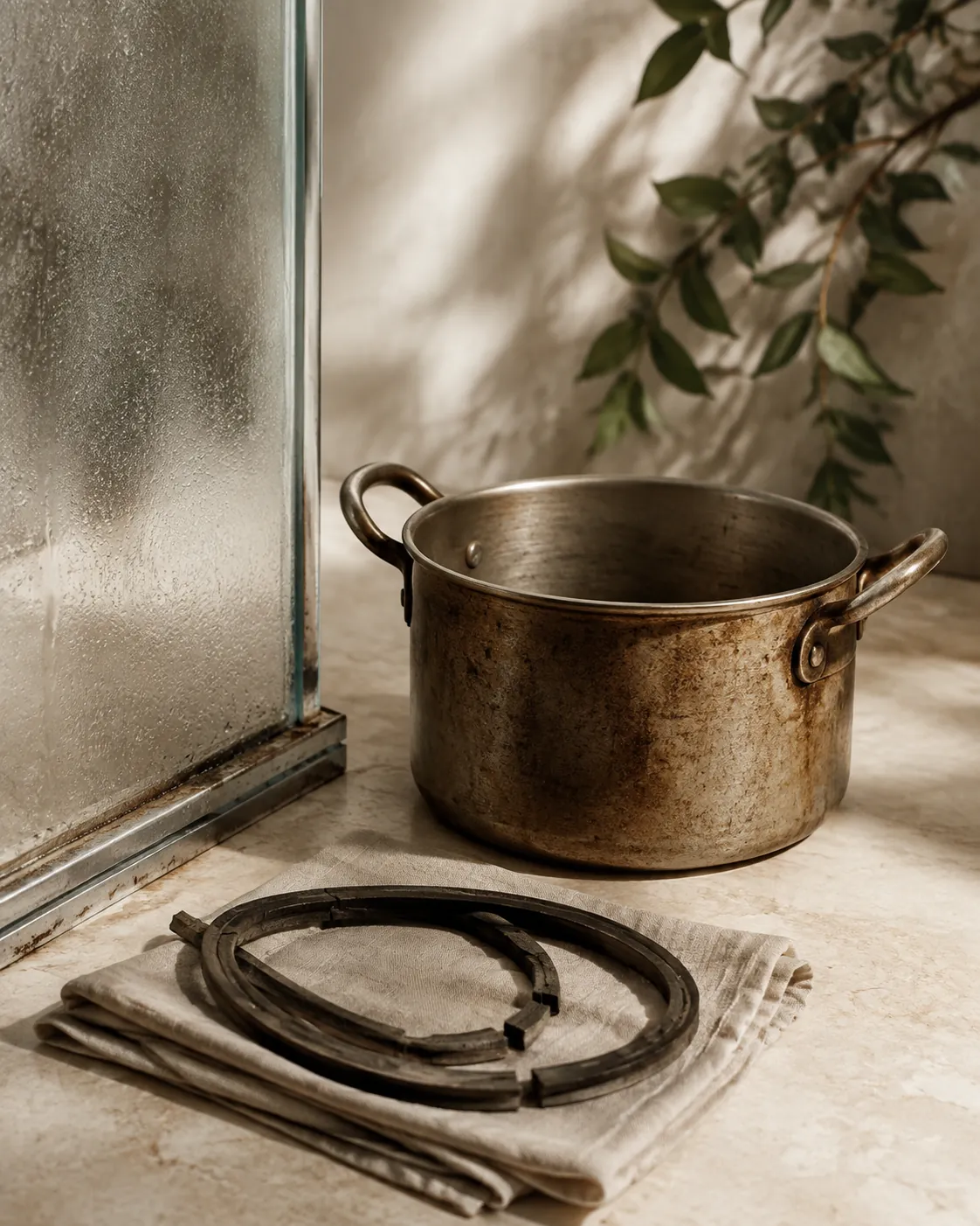 A worn aluminium stovetop pot with a dull patina standing beside a shower screen and a hardened cracked rubber gasket on a cloth