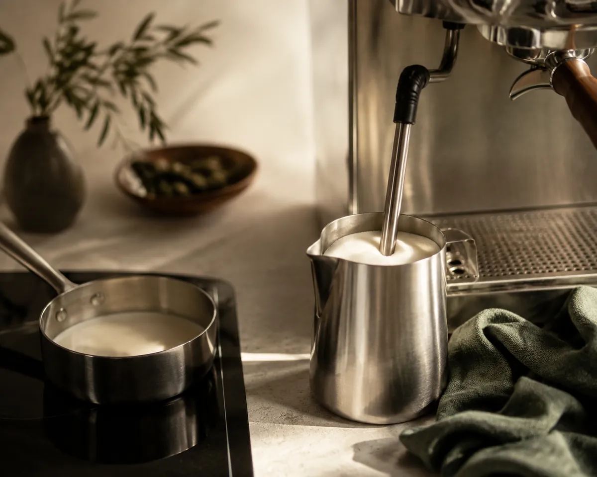 A steel jug of glossy textured milk standing under an espresso machine steam wand beside a small pan of milk warming on a hob