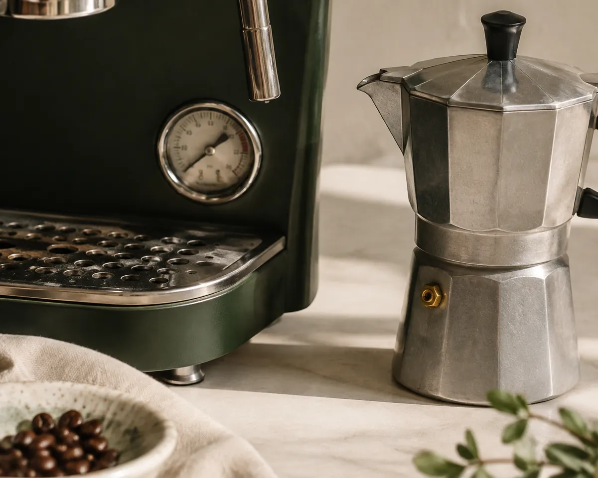 A pressure gauge on an espresso machine front panel beside a small brass safety valve on the side of an aluminium stovetop pot